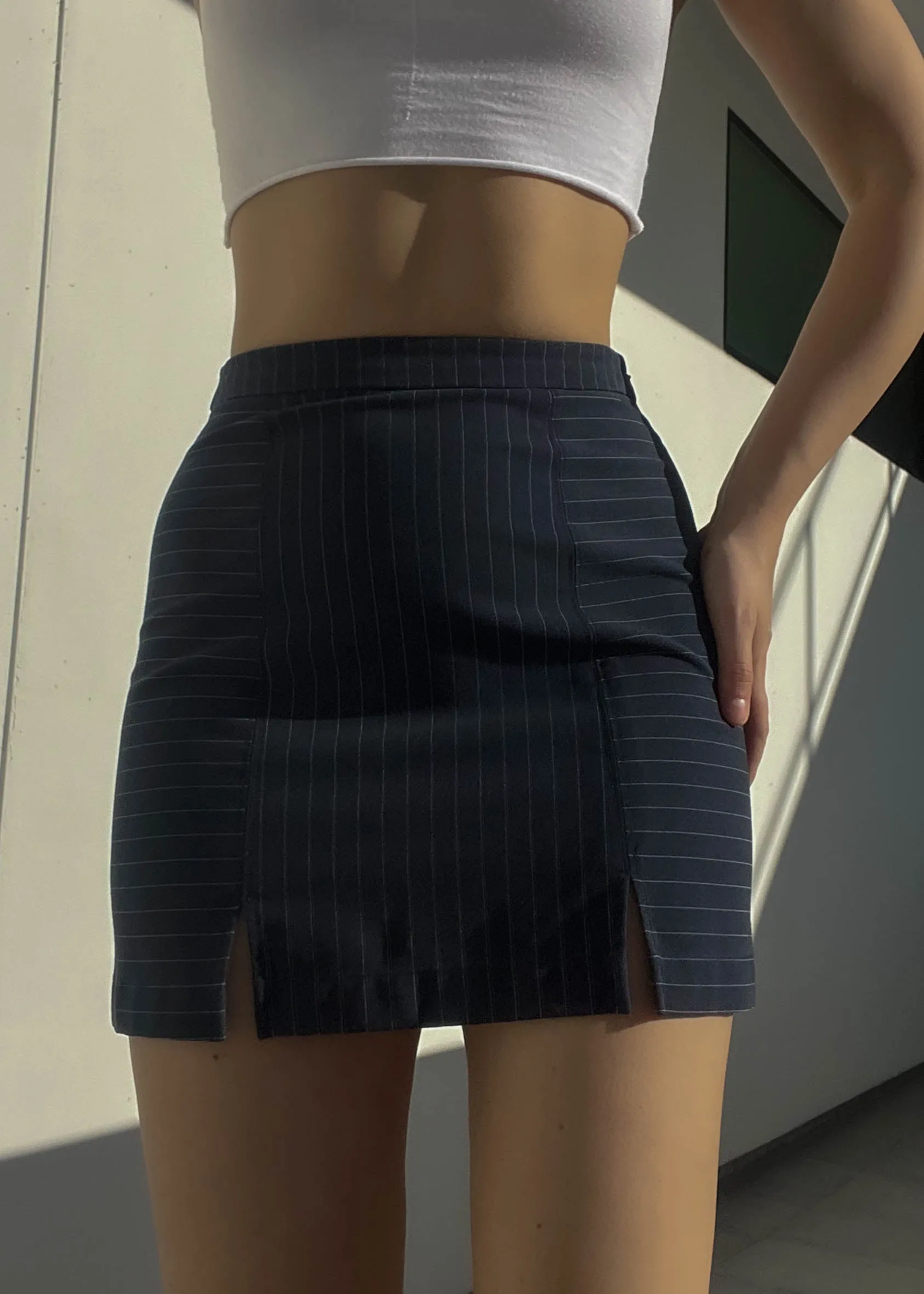 90's Navy Pinstripe Mini Skirt (S)