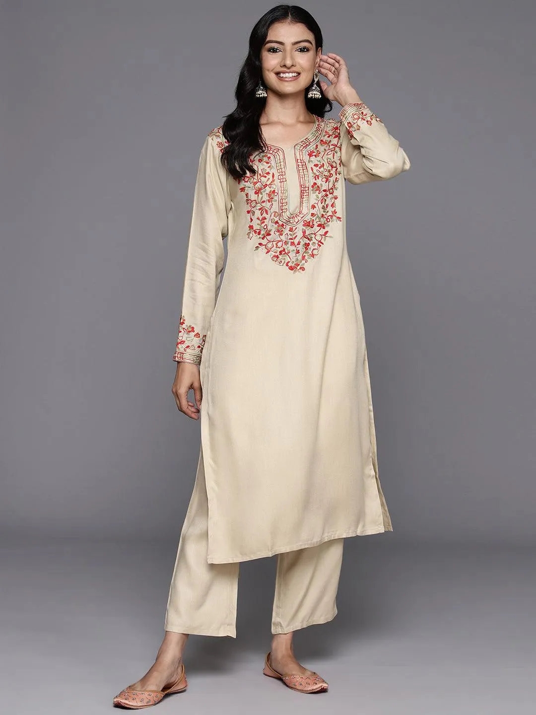 Beige Yoke Design Wool Blend Straight Kurta Set