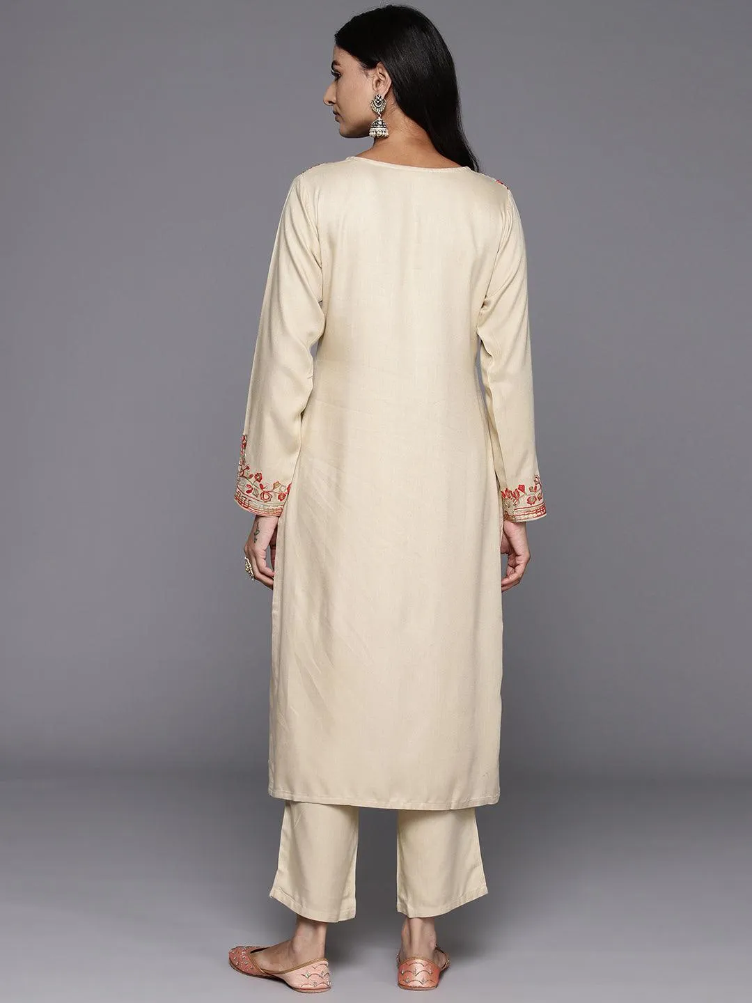 Beige Yoke Design Wool Blend Straight Kurta Set