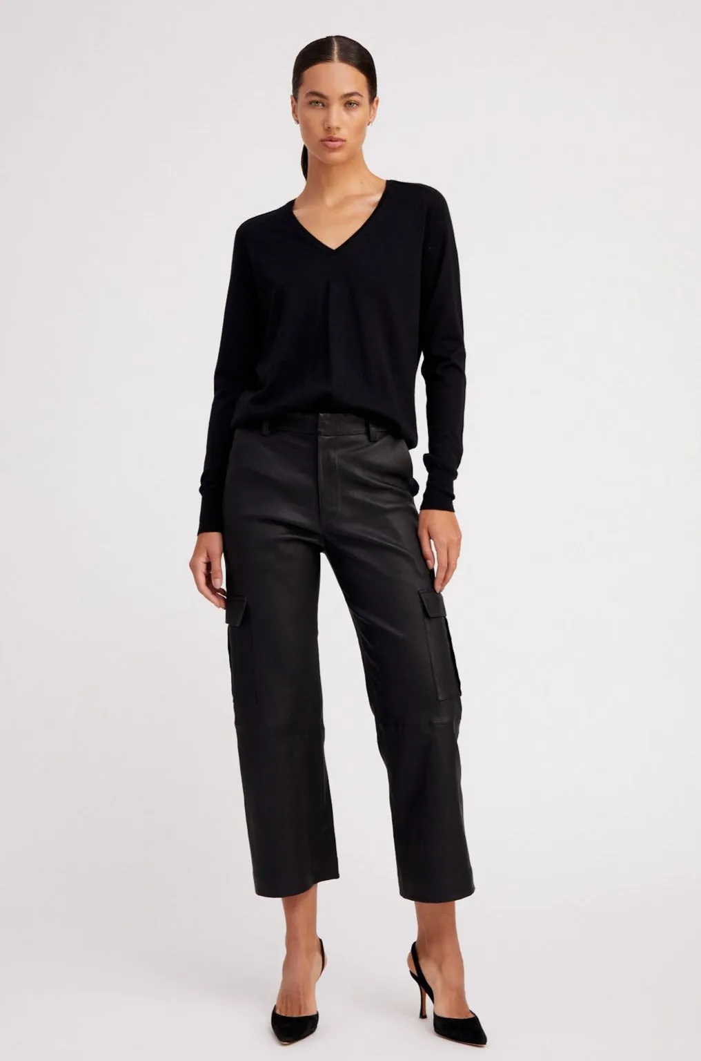 Black Leather Cropped Cargo Trousers