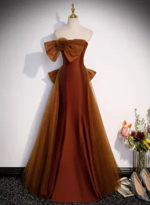 Brown Tulle and Satin Mermaid Long Party Dress, New Style Long Formal Dress Prom Dress