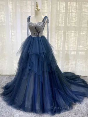 Dark blue tulle lace long prom dress blue tulle formal dress