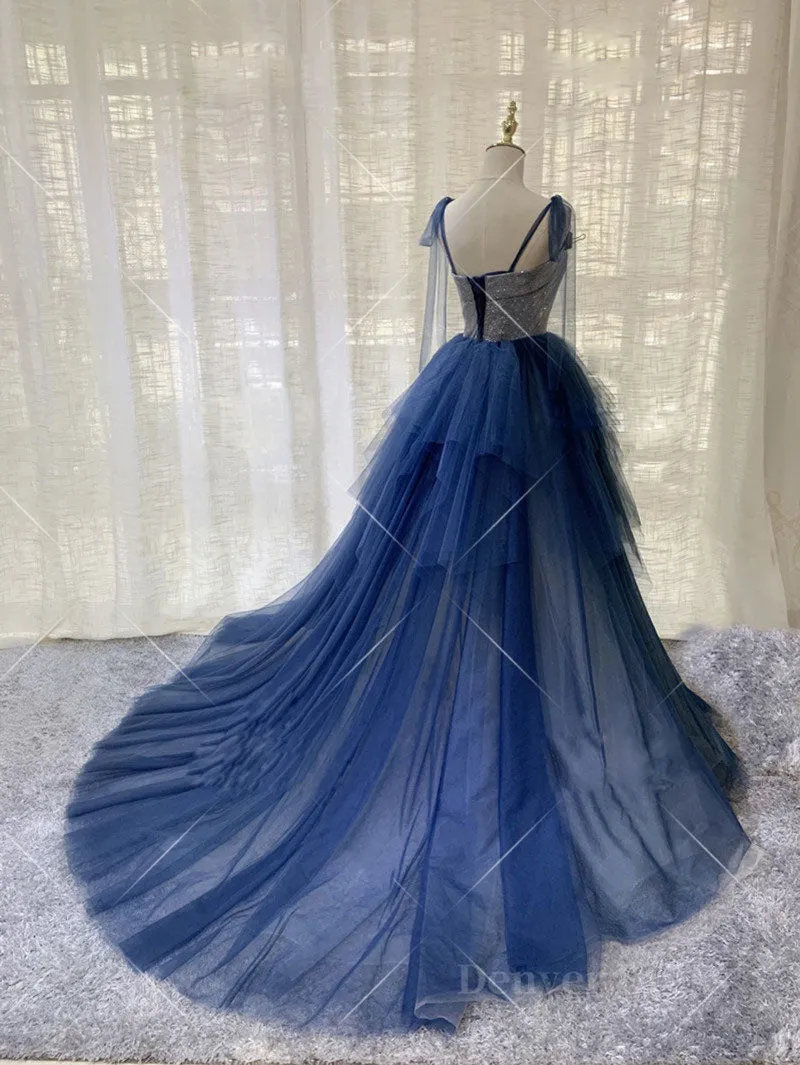 Dark blue tulle lace long prom dress blue tulle formal dress