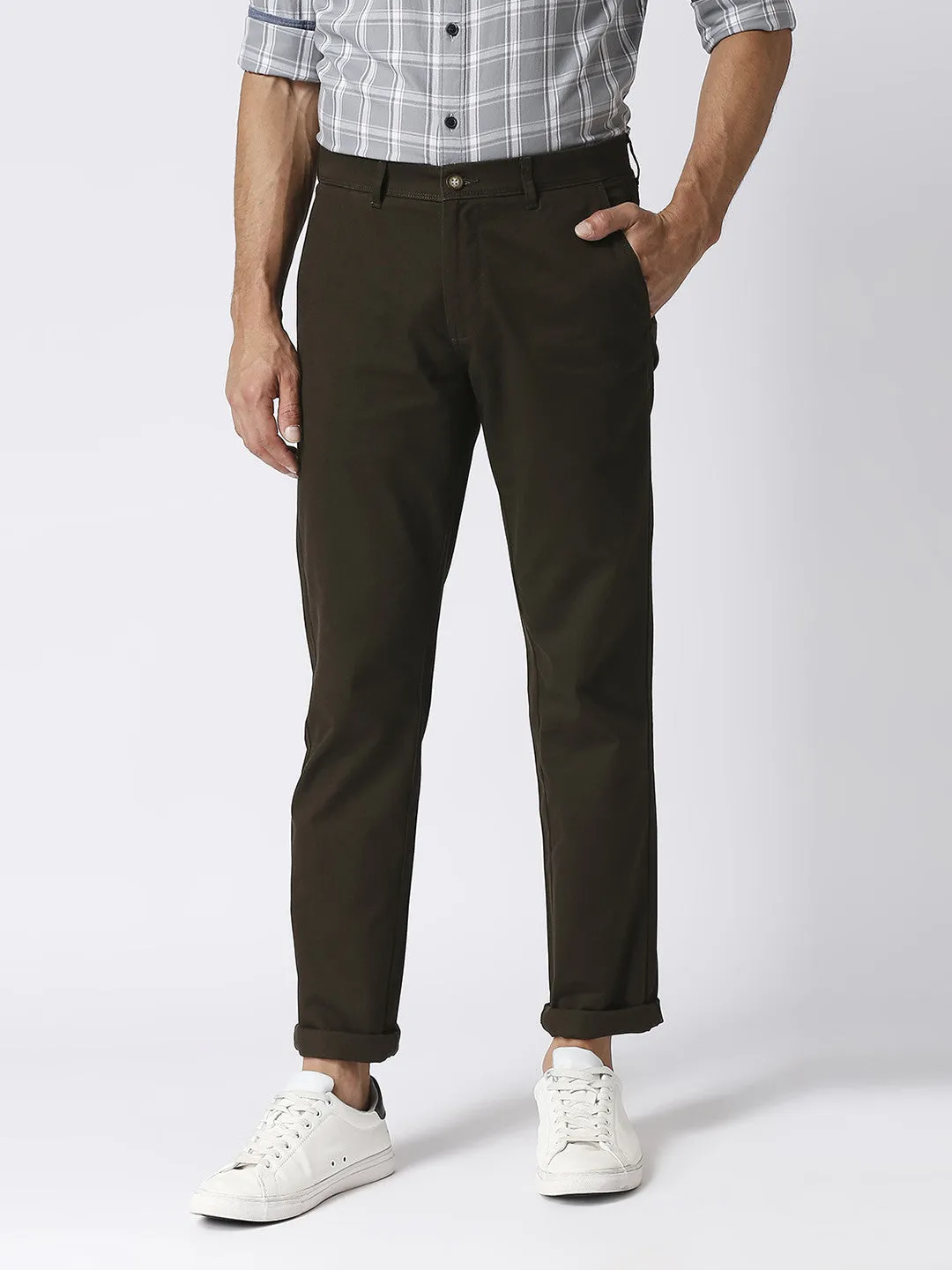 Dark Olive Green Slim Tapered Cotton Dobby Lycra Trouser