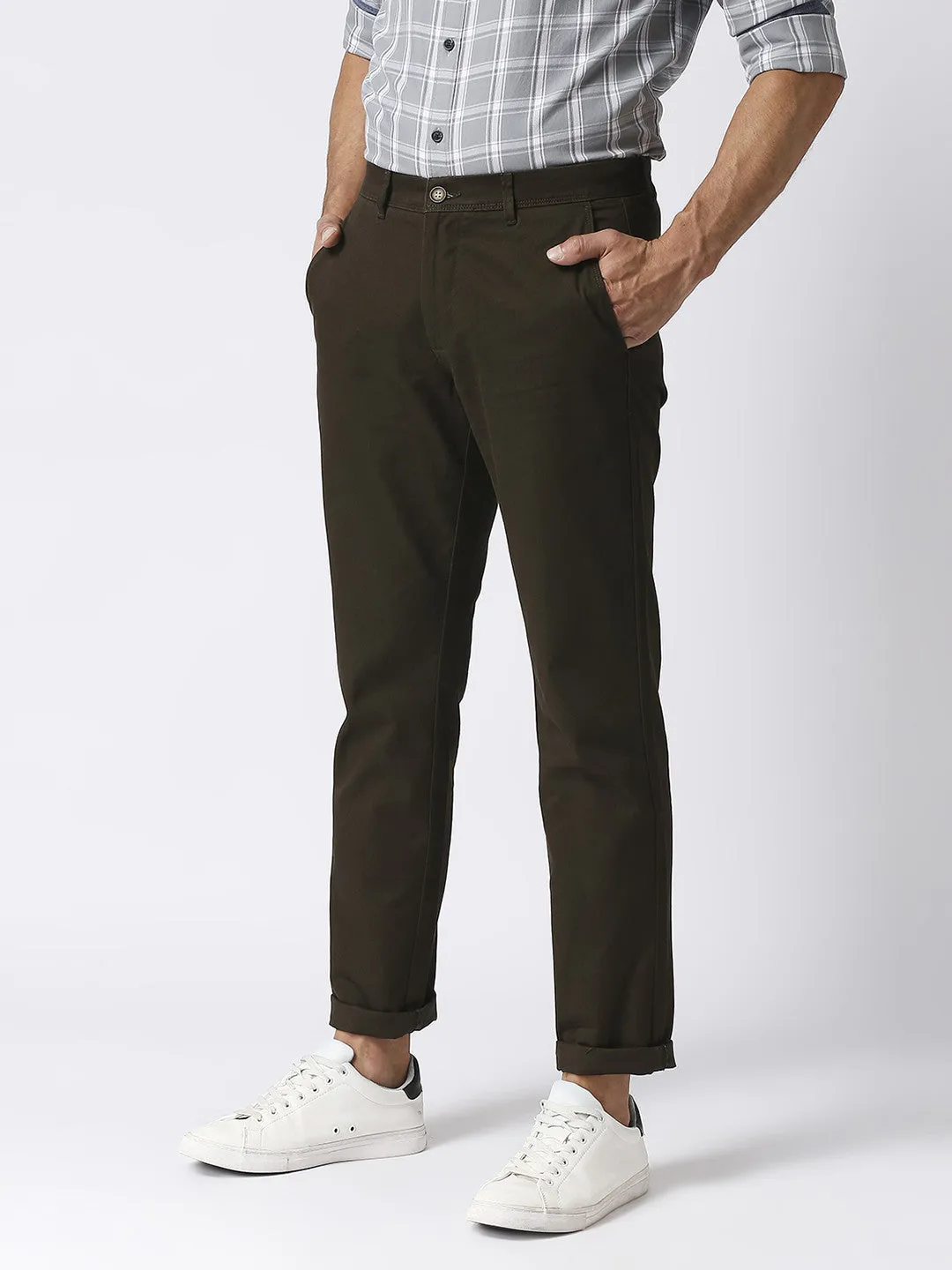 Dark Olive Green Slim Tapered Cotton Dobby Lycra Trouser