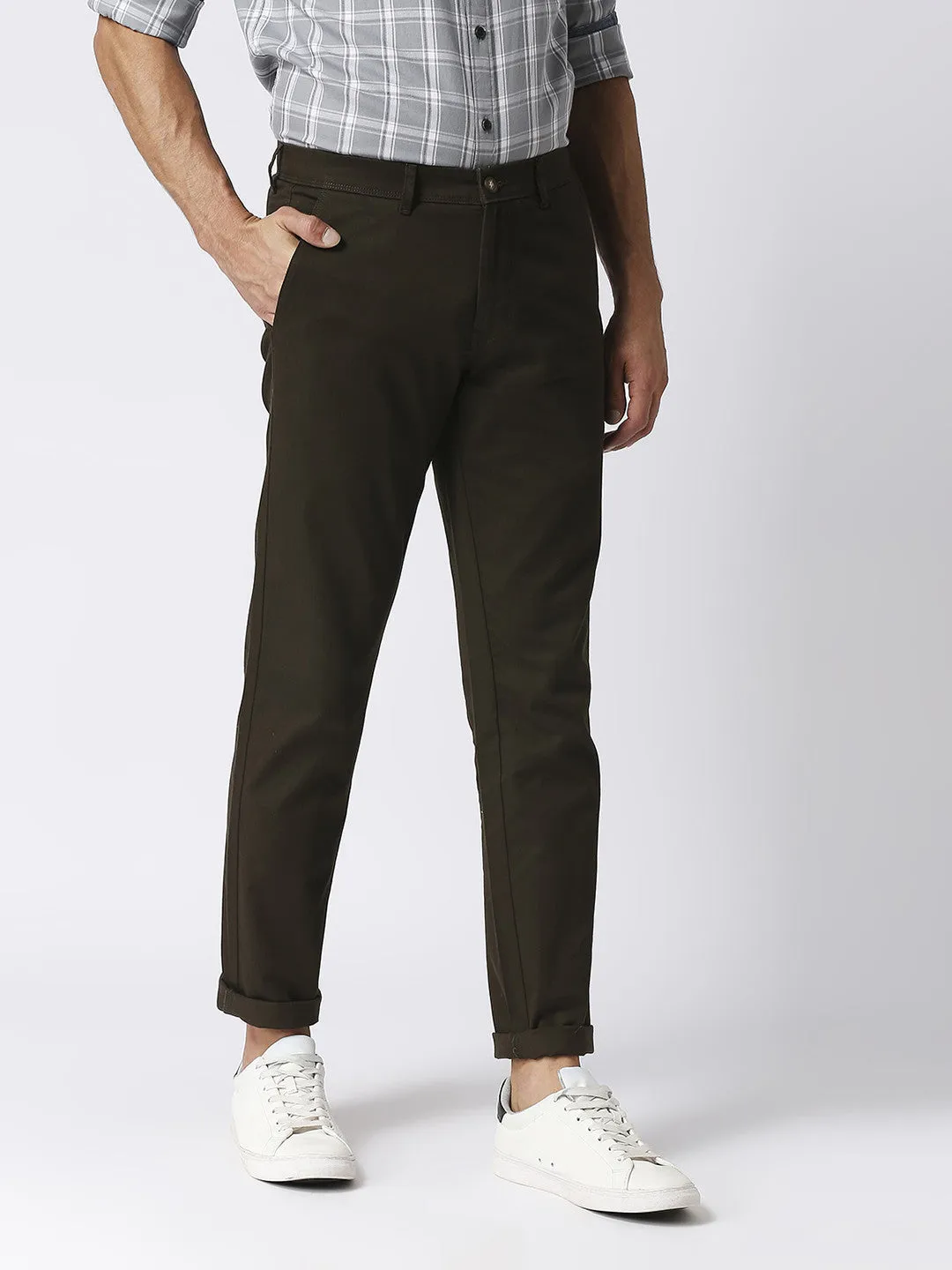 Dark Olive Green Slim Tapered Cotton Dobby Lycra Trouser