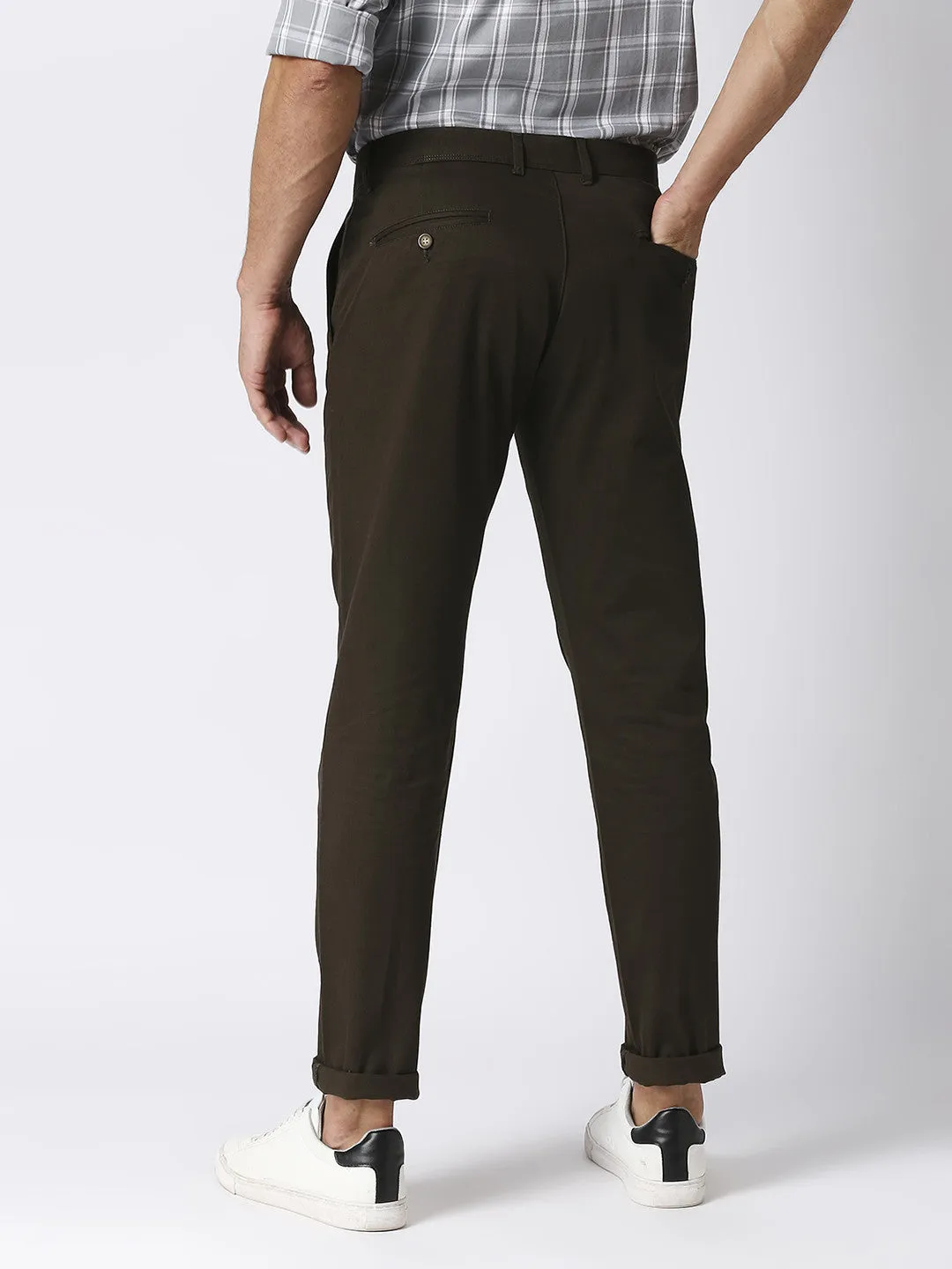 Dark Olive Green Slim Tapered Cotton Dobby Lycra Trouser