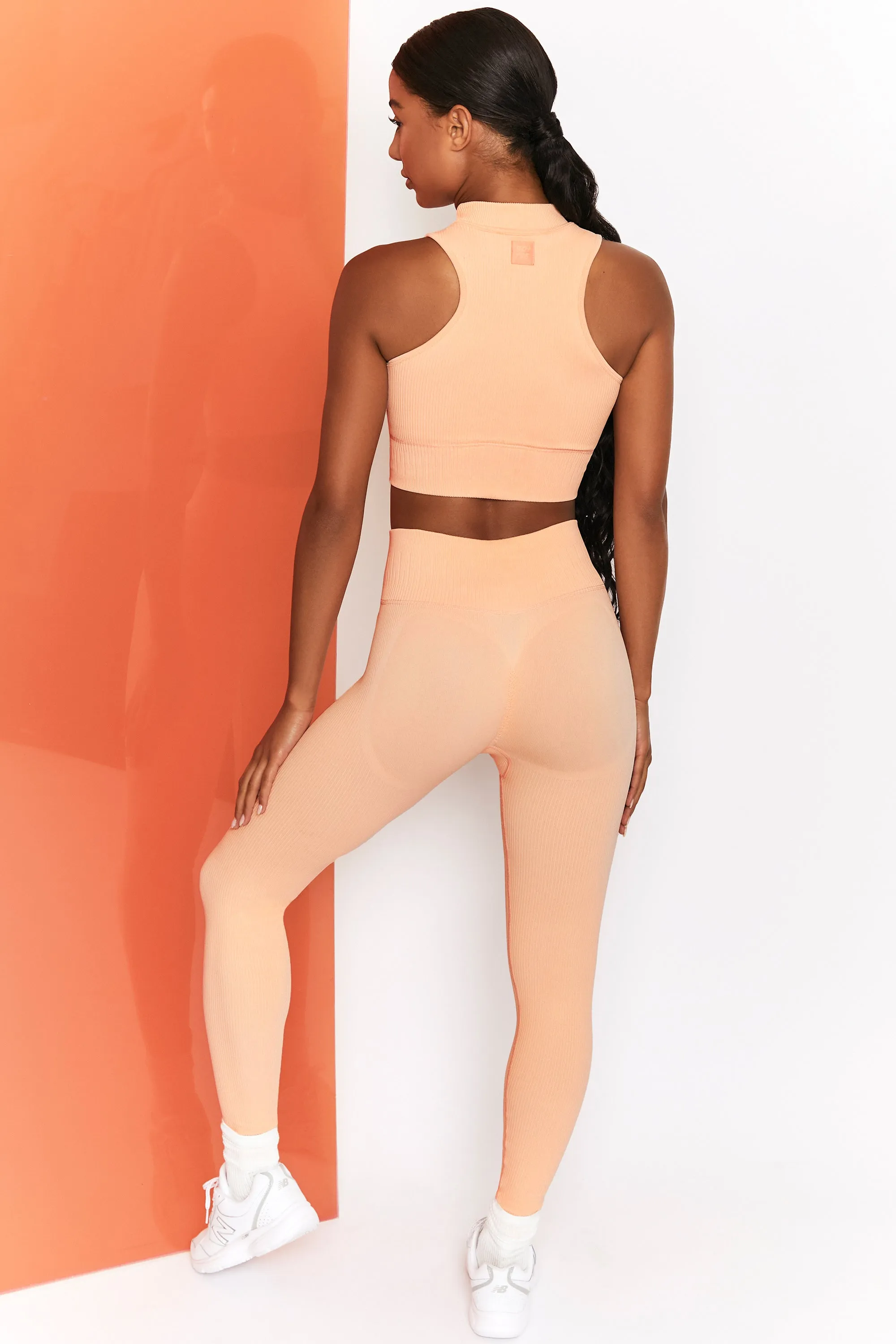 Energise Ribbed Tie Front Full Length Leggings in Peach