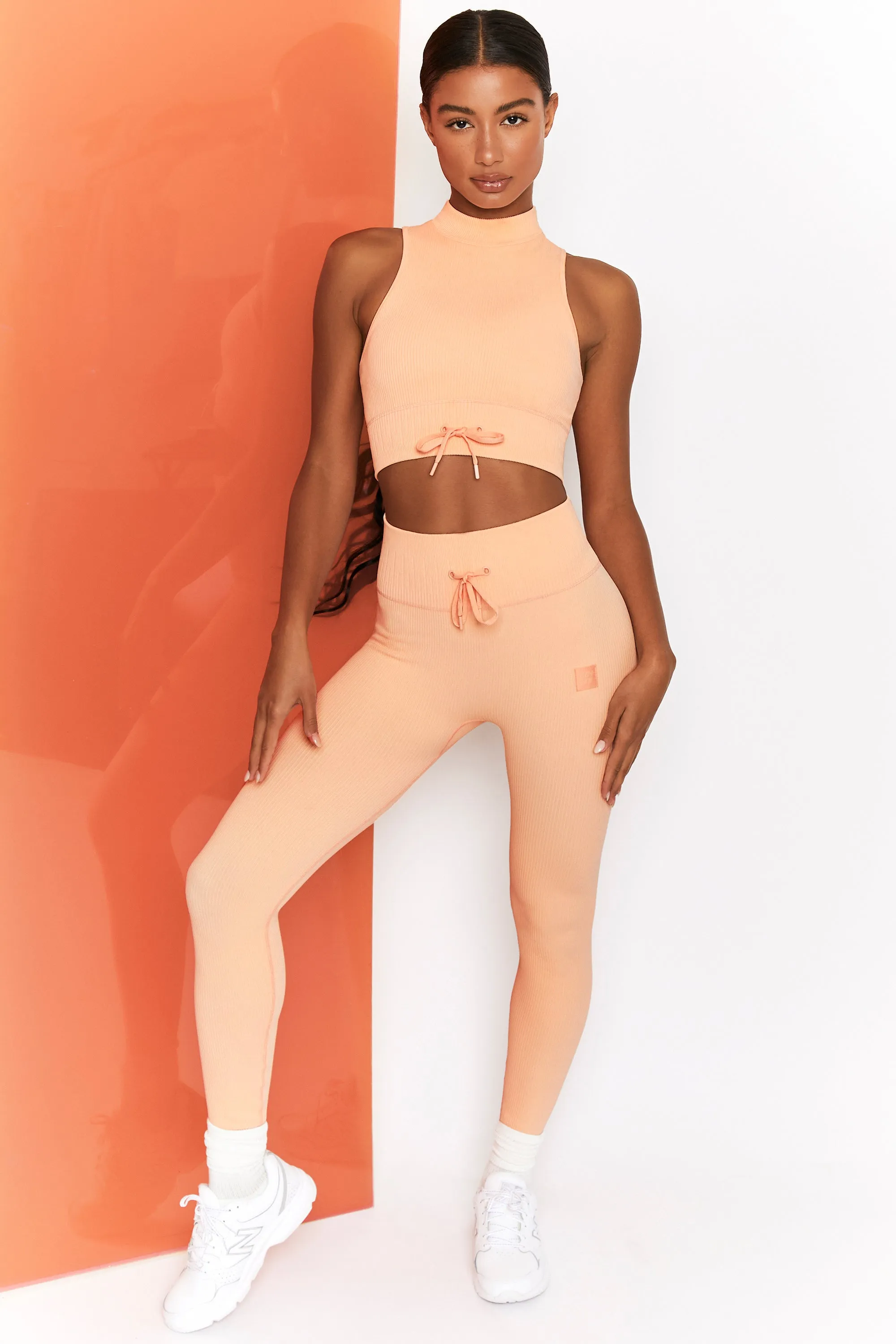 Energise Ribbed Tie Front Full Length Leggings in Peach