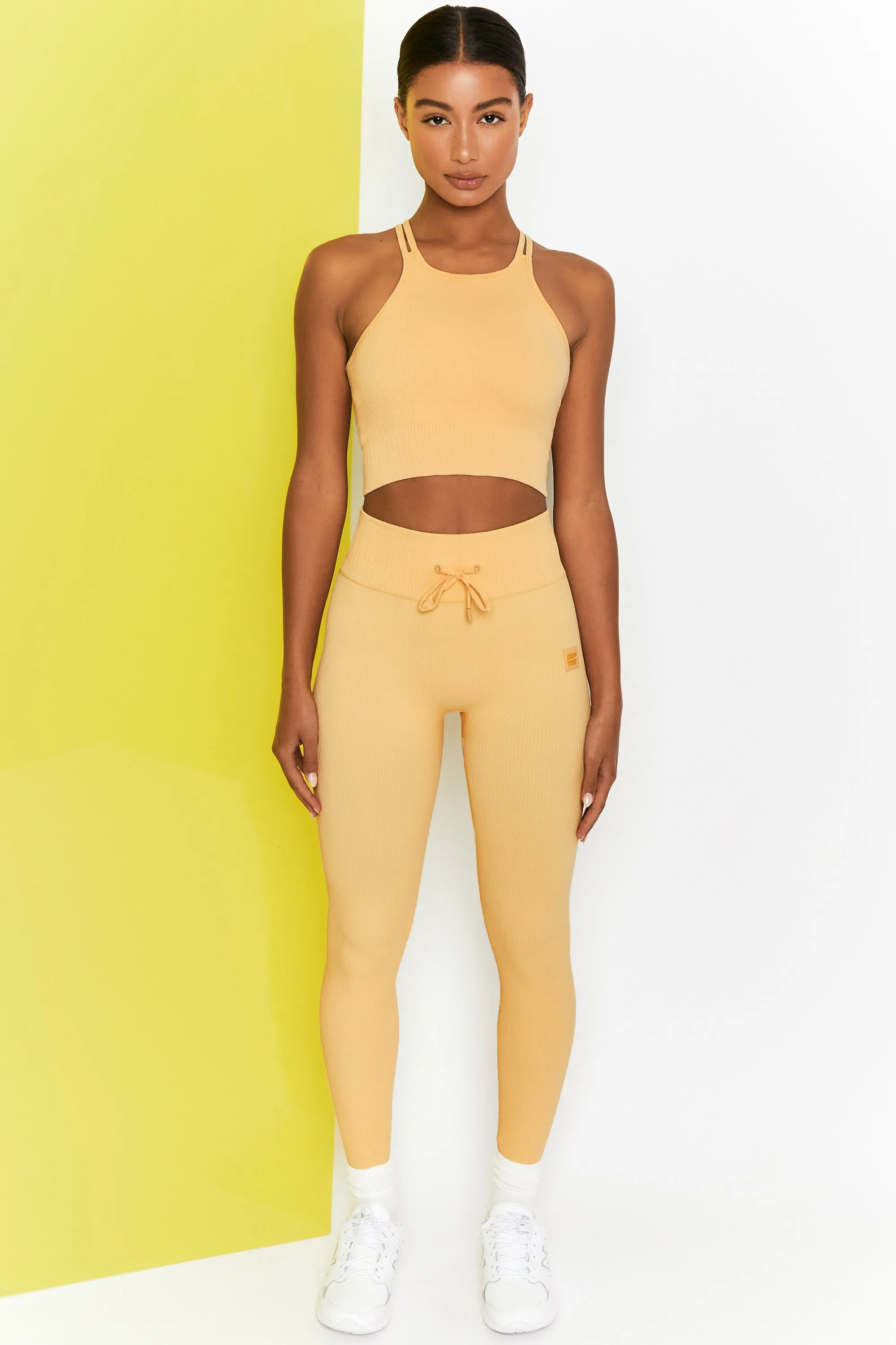 Energise Ribbed Tie Front Full Length Leggings in Yellow