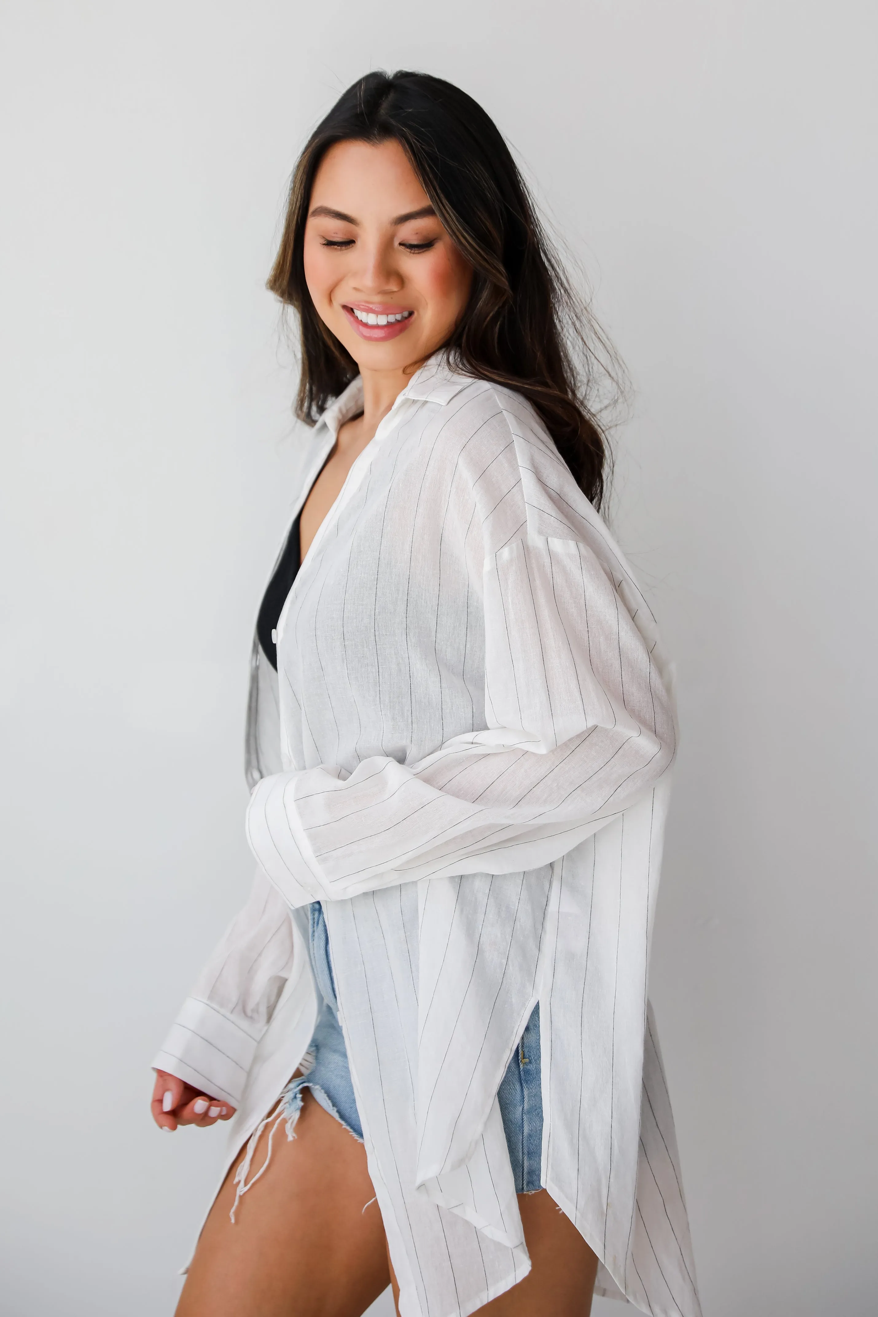 FINAL SALE - Natural Sweetheart Pinstripe Oversized Button-Up Blouse