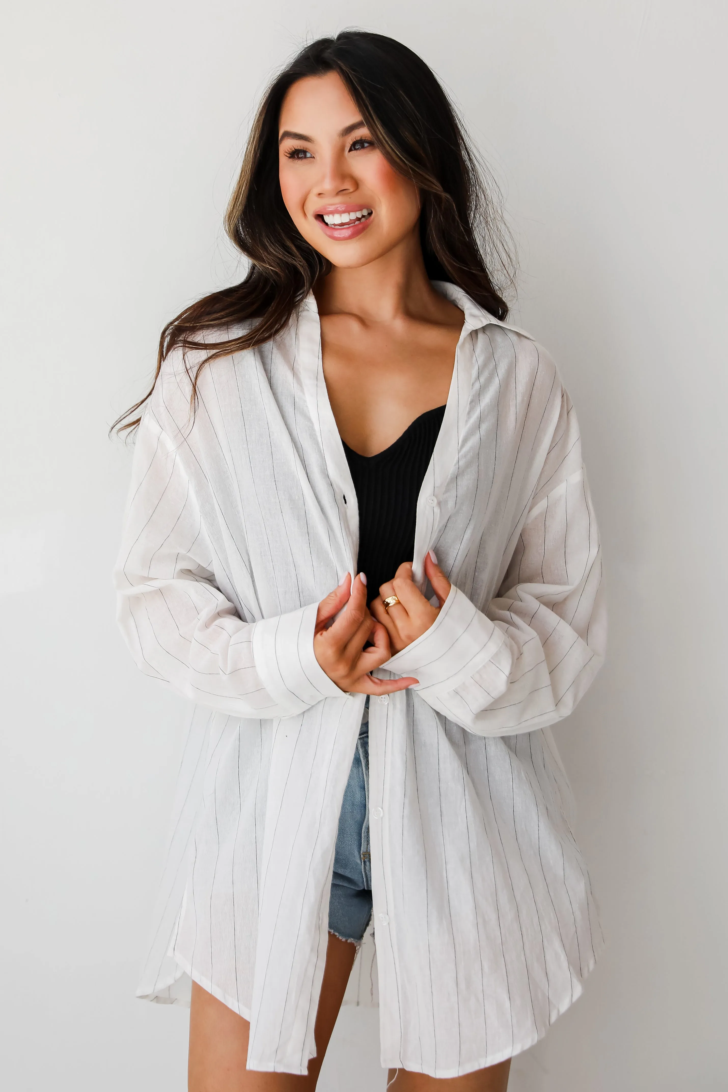 FINAL SALE - Natural Sweetheart Pinstripe Oversized Button-Up Blouse