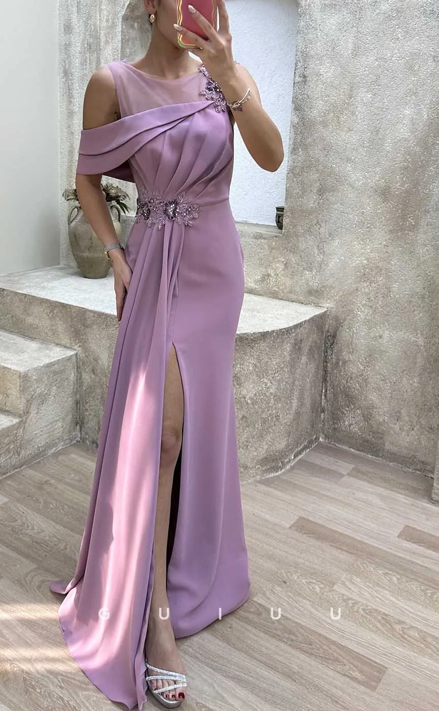 G4168 - Chic & Modern Sheath Scoop Beaded and Draped Formal Evening Gown Prom Dress with High Side Slit