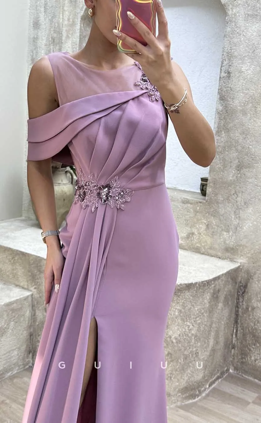 G4168 - Chic & Modern Sheath Scoop Beaded and Draped Formal Evening Gown Prom Dress with High Side Slit