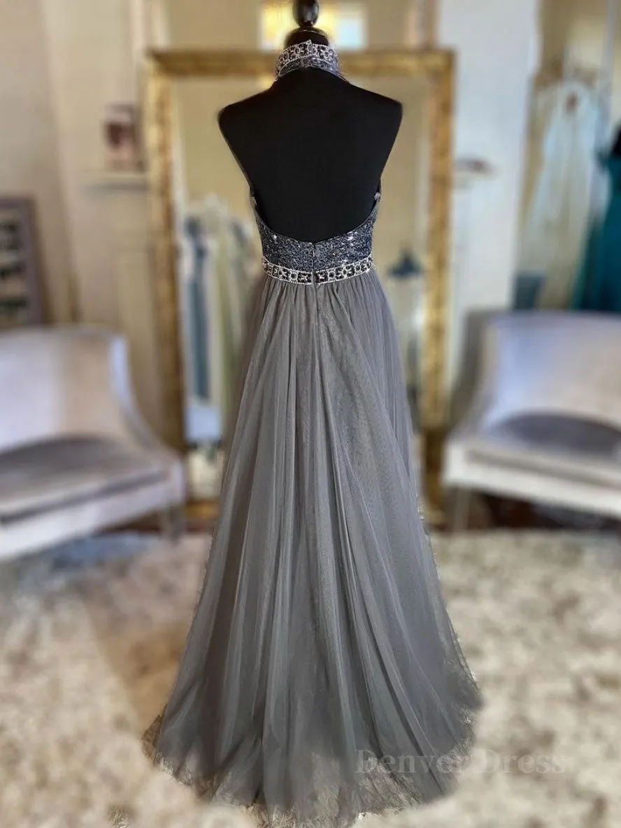 Gray v neck tulle beads long prom dress gray tulle formal dress