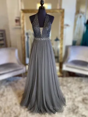 Gray v neck tulle beads long prom dress gray tulle formal dress