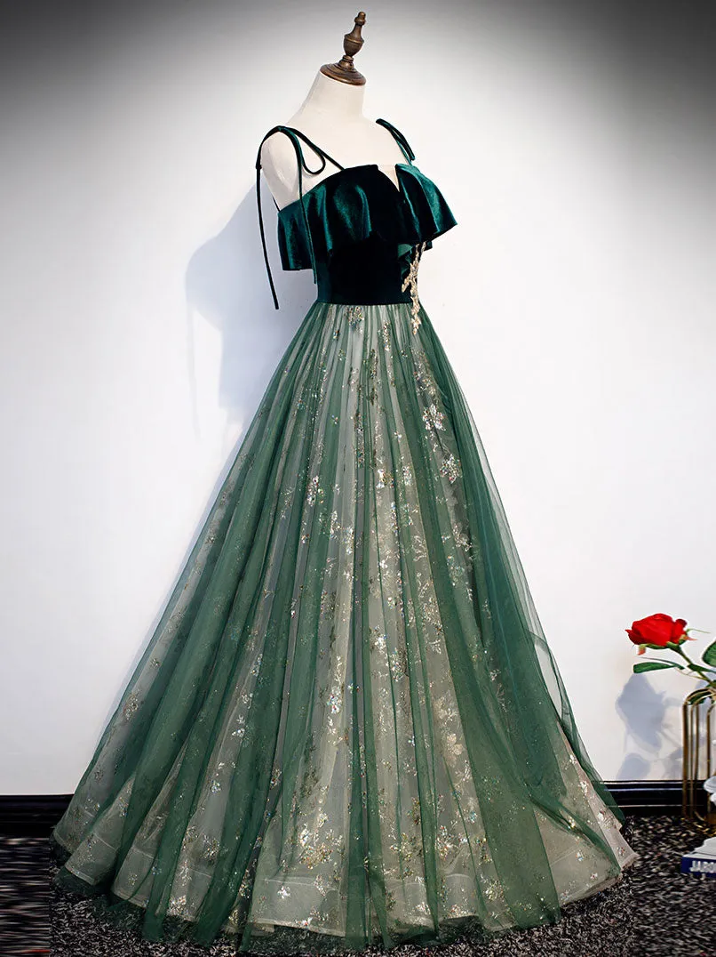 Green Tulle Lace Long Prom Dress, Green Tulle Formal Dress