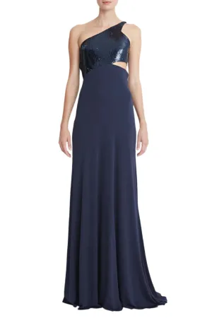 Halston One Shoulder Sleeveless Zipper Closure Cut Out Waist Matte Jersey Gown With Sequined Bodice