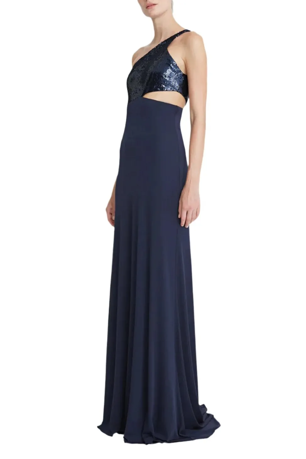 Halston One Shoulder Sleeveless Zipper Closure Cut Out Waist Matte Jersey Gown With Sequined Bodice