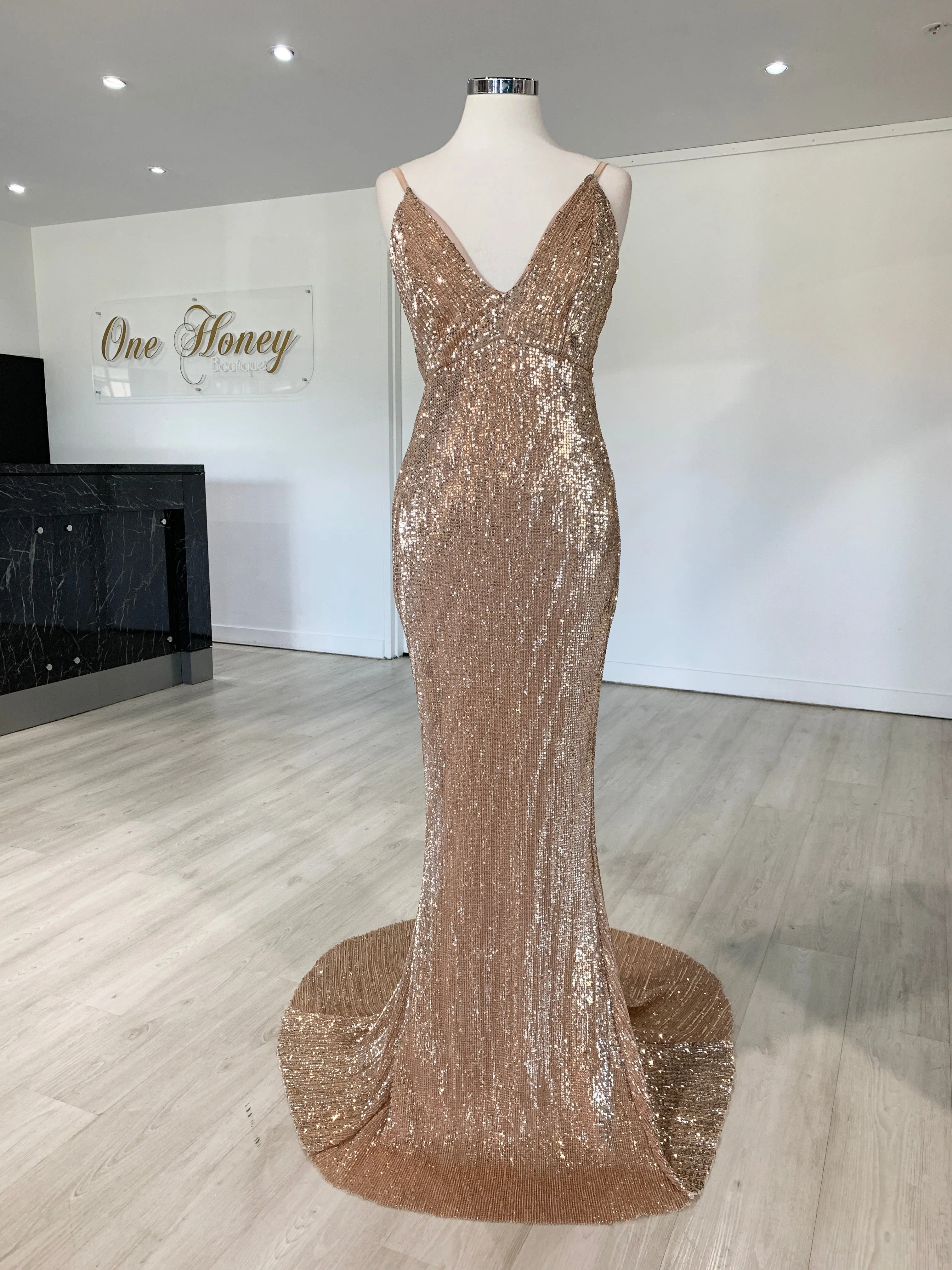 Honey Couture ROSALIE Champagne Gold Low Back Sequin Formal Gown Dress