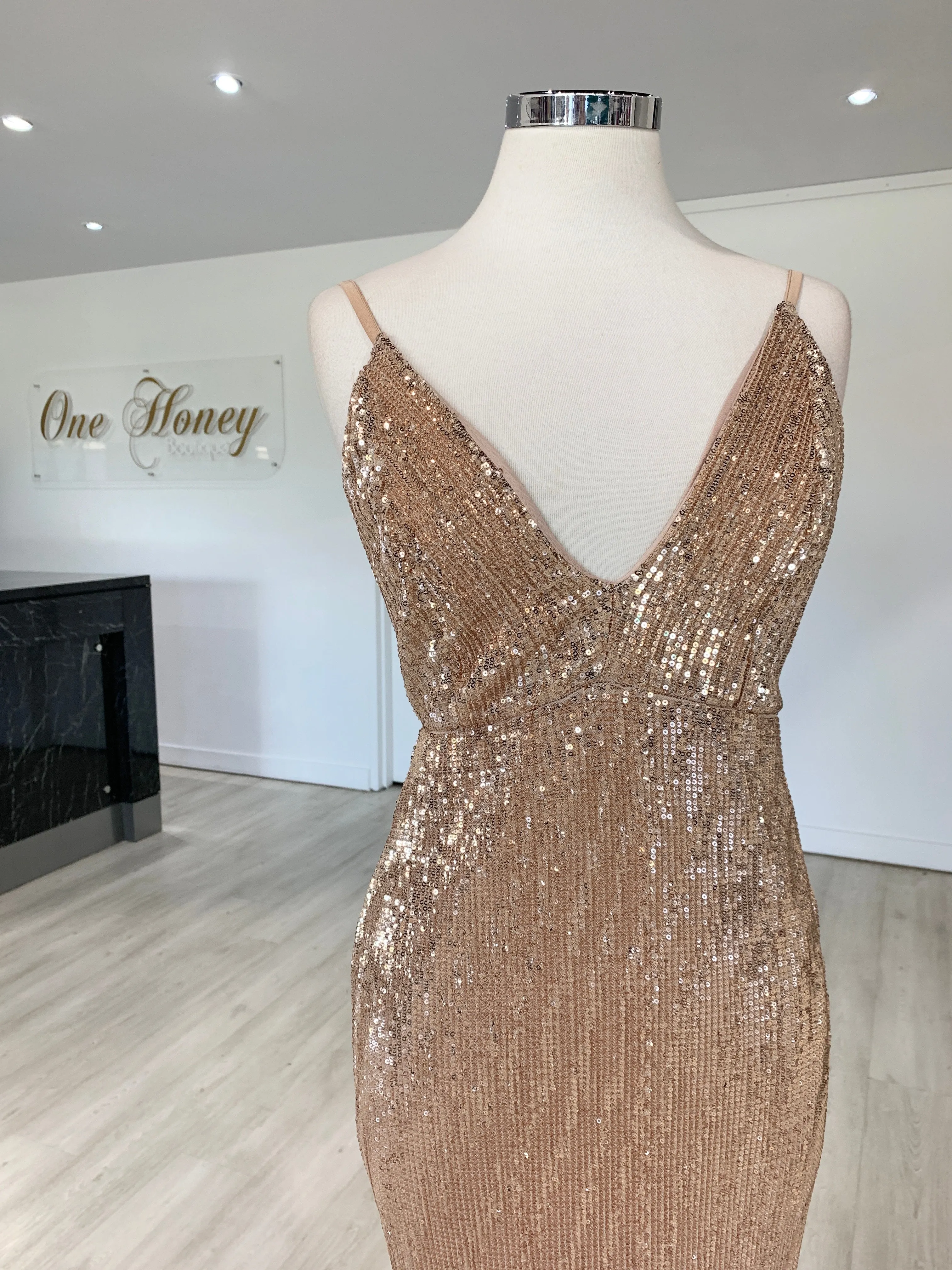 Honey Couture ROSALIE Champagne Gold Low Back Sequin Formal Gown Dress