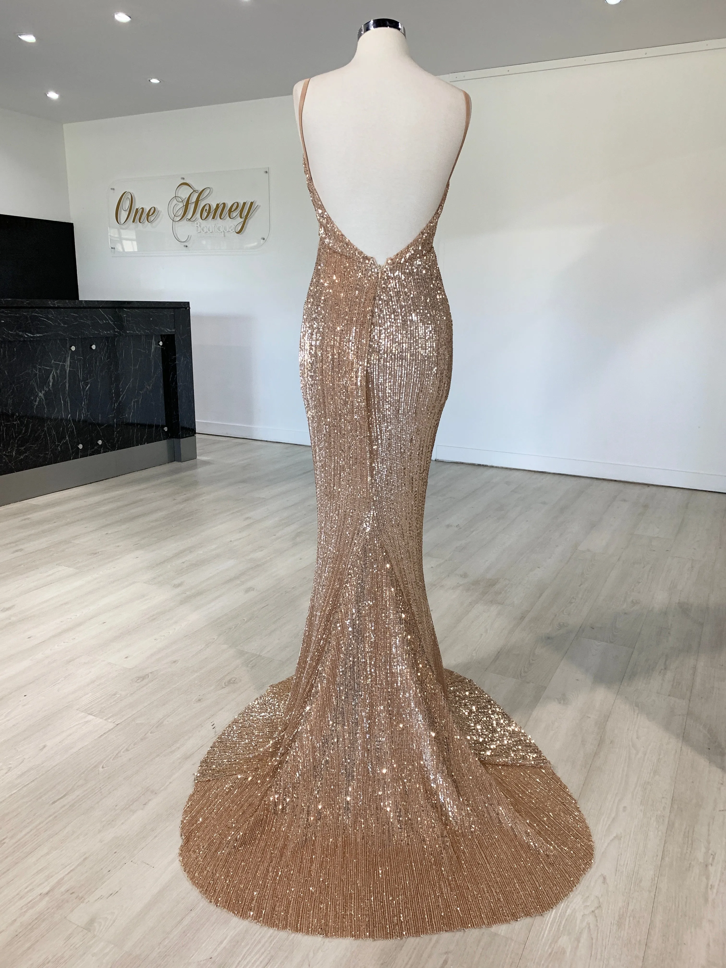 Honey Couture ROSALIE Champagne Gold Low Back Sequin Formal Gown Dress