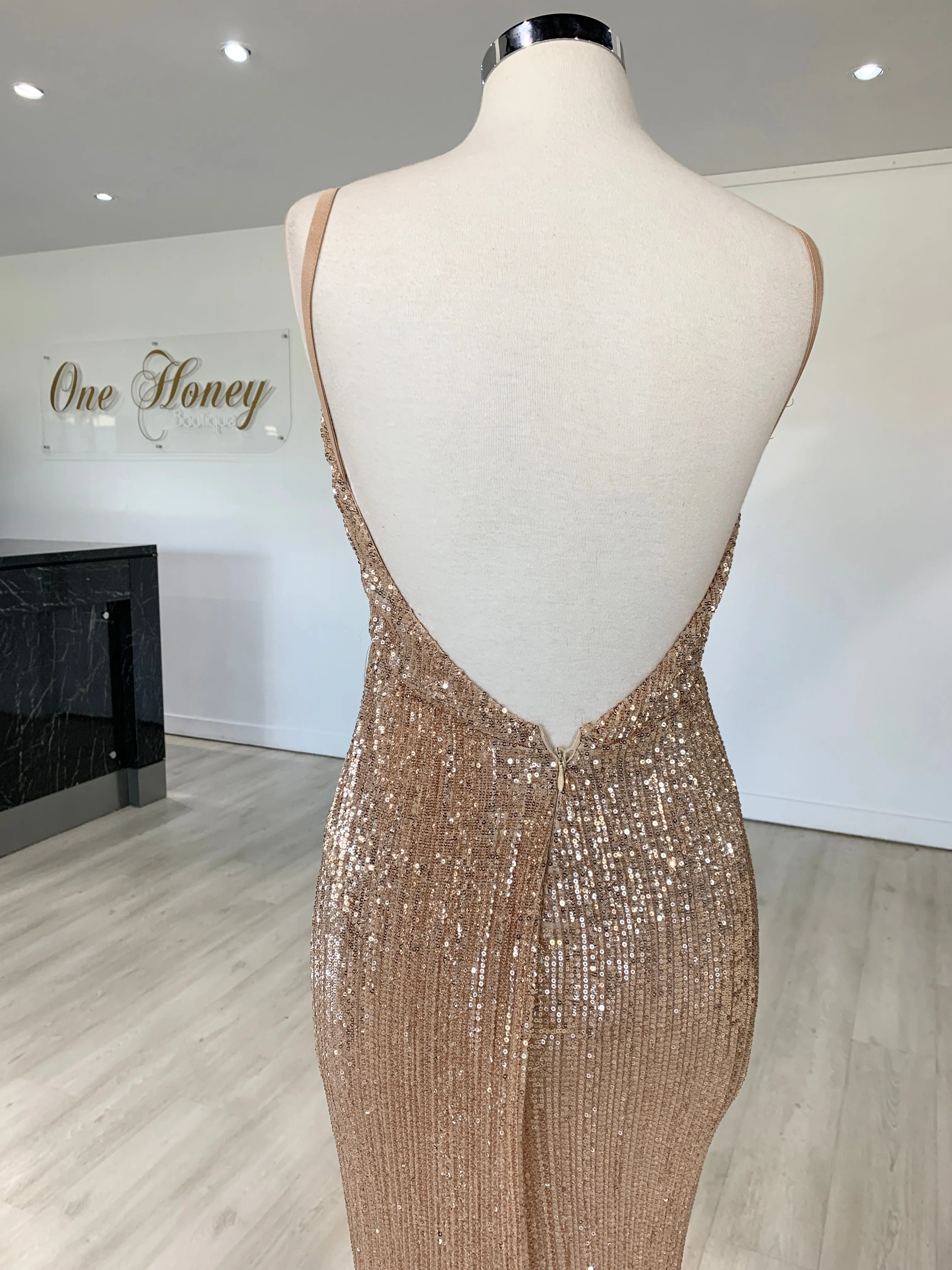 Honey Couture ROSALIE Champagne Gold Low Back Sequin Formal Gown Dress