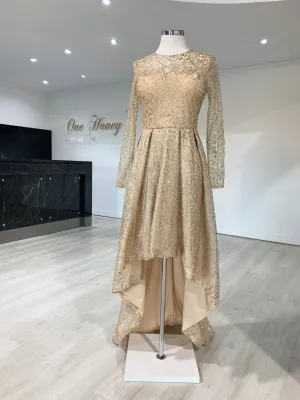 Honey Couture SOPHIA Gold Long Sleeve High Low Formal Dress