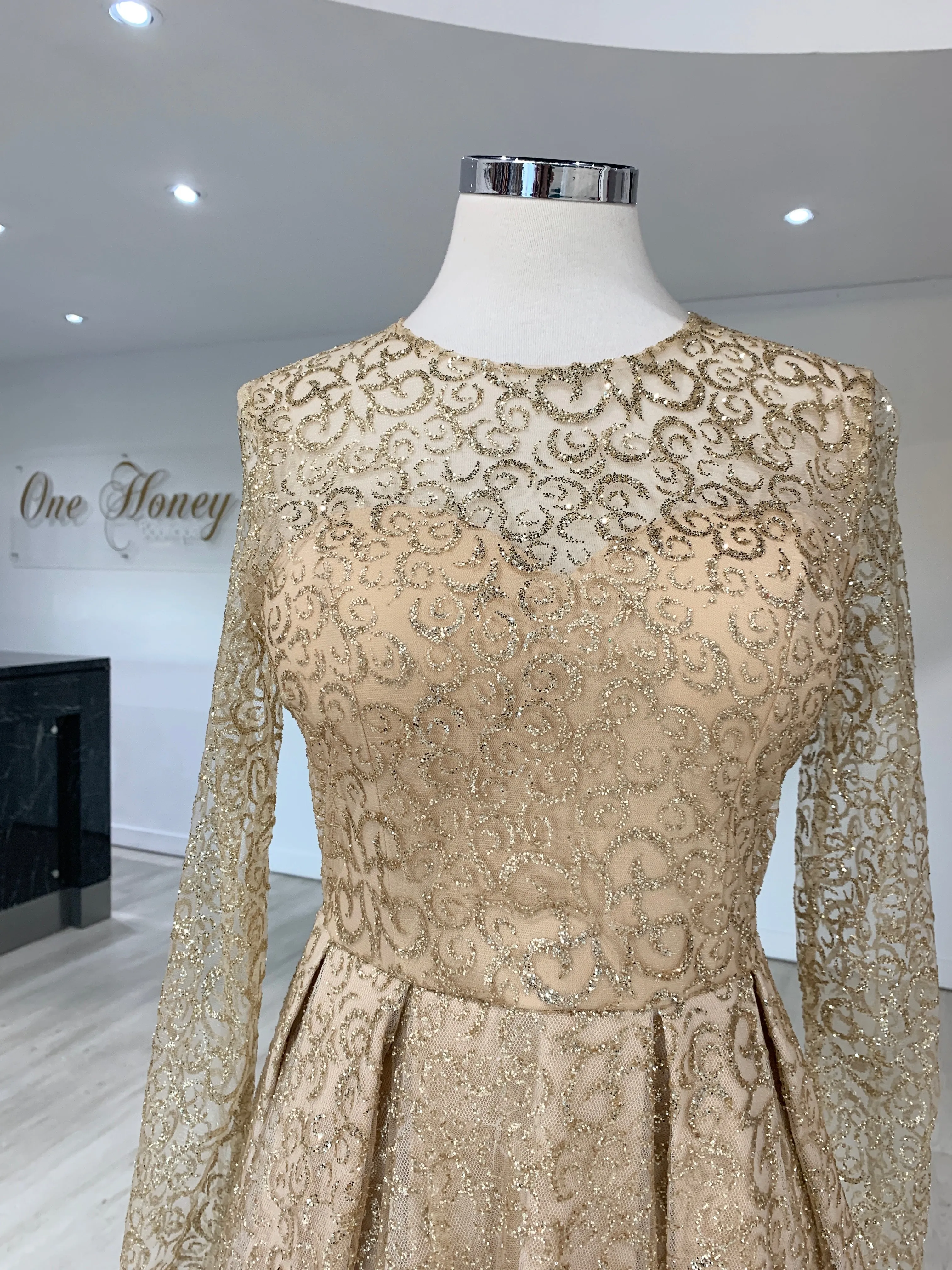 Honey Couture SOPHIA Gold Long Sleeve High Low Formal Dress