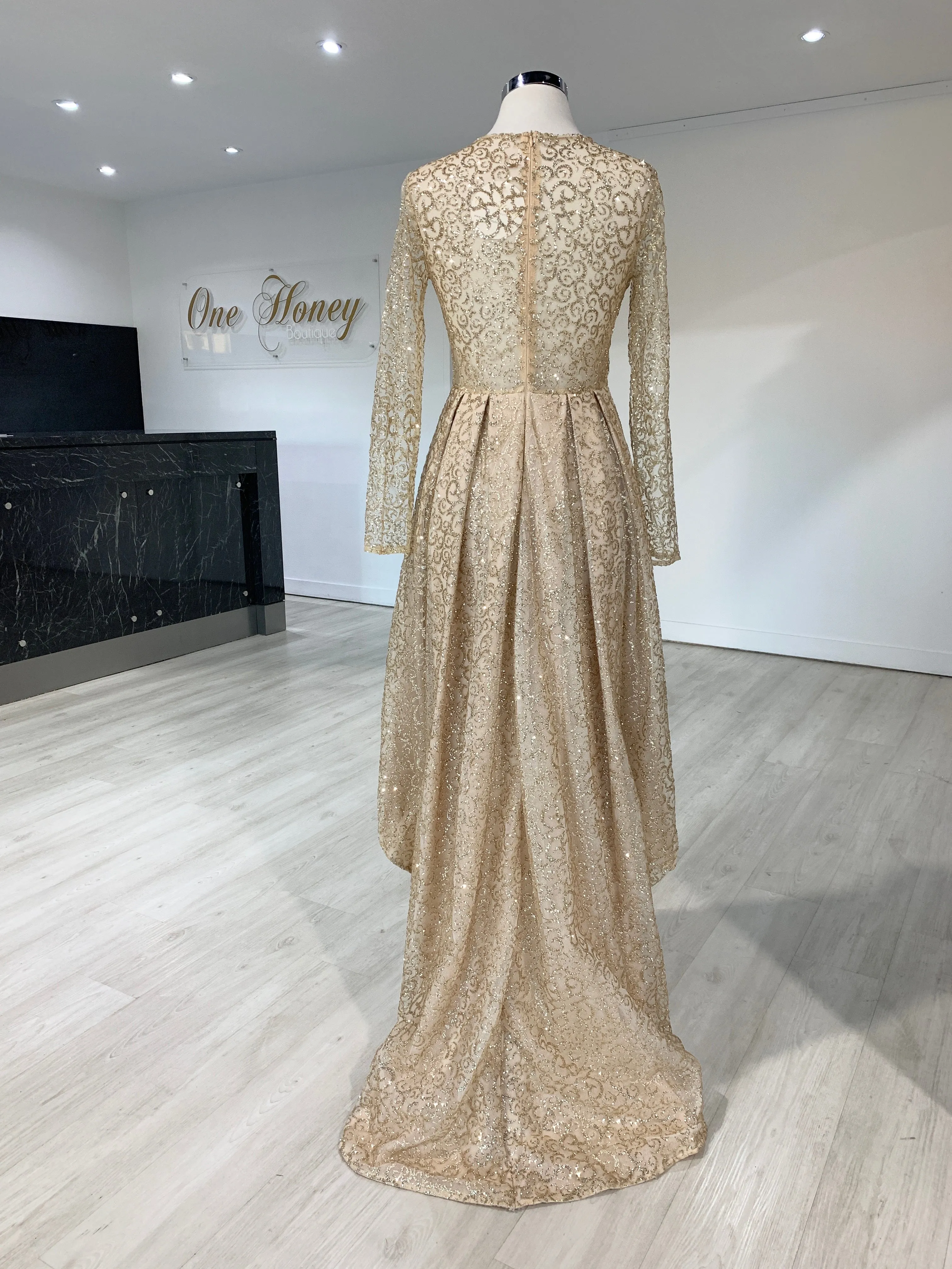 Honey Couture SOPHIA Gold Long Sleeve High Low Formal Dress