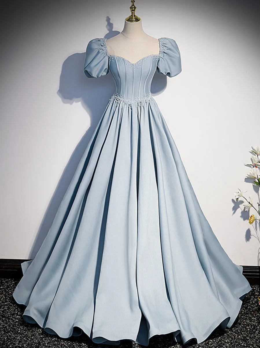 Light Blue Satin Long Prom Dress, Light Blue Formal Sweet 16 dress