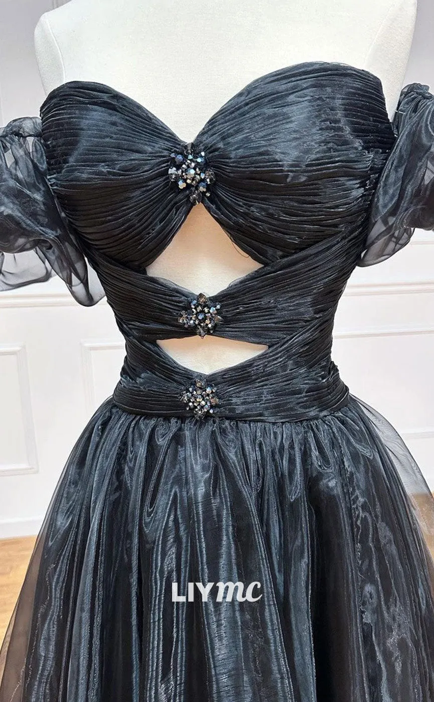 LP1883 - Black A-Line Organza Long Prom Dress, Black Formal Evening Dress