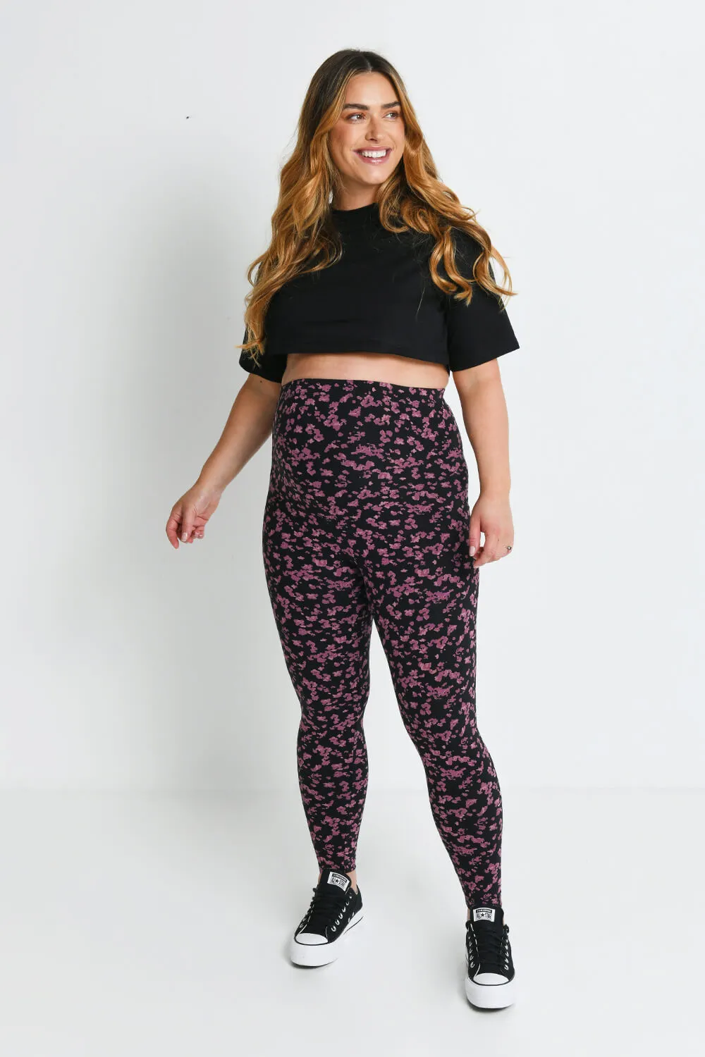 Maternity Everyday Leggings - Black/Burgundy Floral