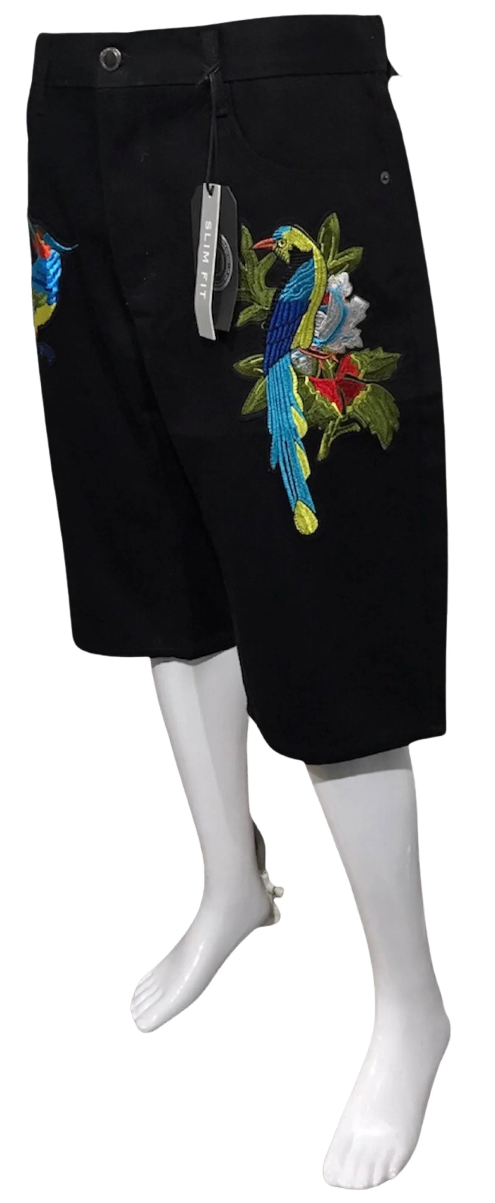 ^MAXI MILIAN^ (BLACK) ~PEACOCK~ DENIM SHORTS (SLIM FIT) (EMBROIDERED)