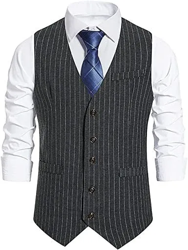 Men's Business Vests Fashion Striped Suit Vests Collarless Triangle Hem Bartender Clothings