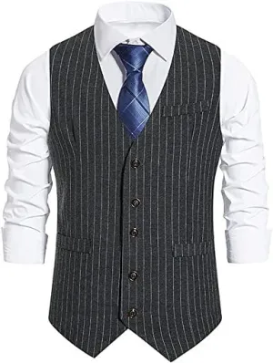 Men's Business Vests Fashion Striped Suit Vests Collarless Triangle Hem Bartender Clothings