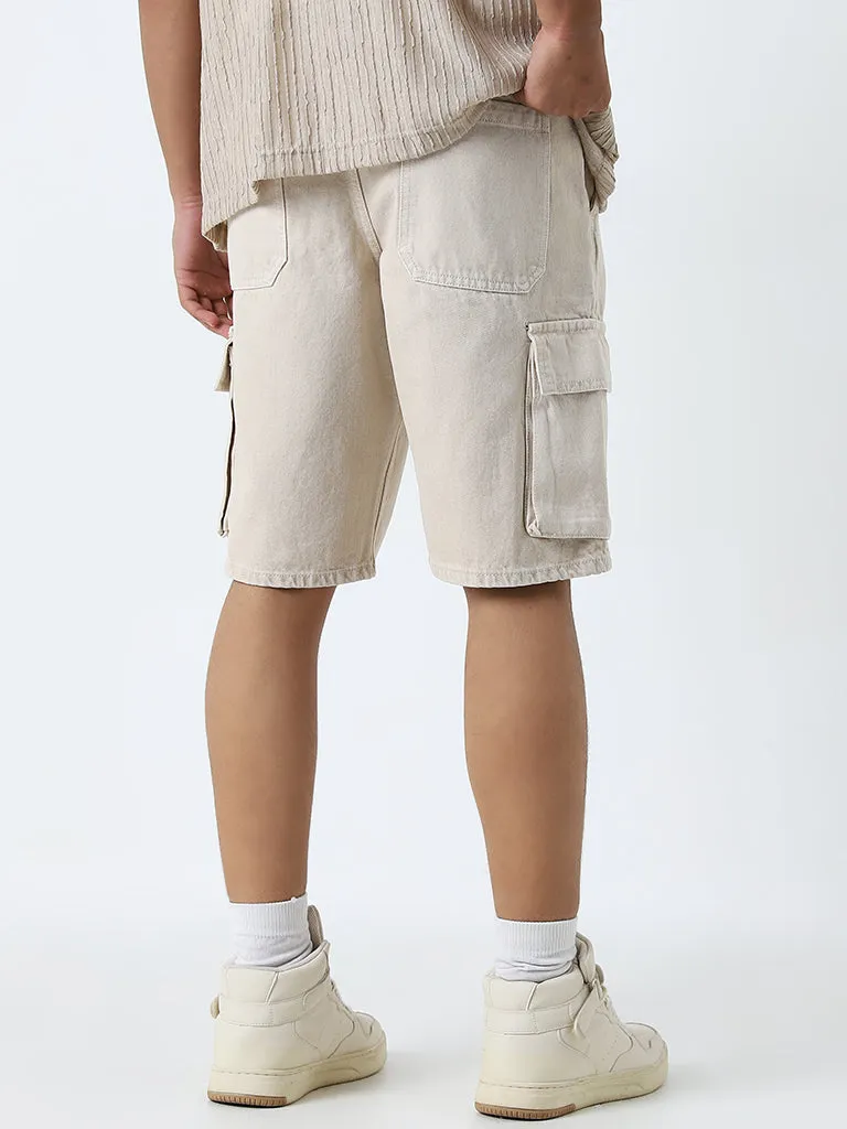 Nuon Beige Cargo-Style Mid-Rise Relaxed-Fit Cotton Shorts