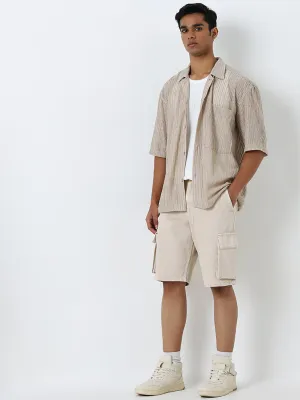 Nuon Beige Cargo-Style Mid-Rise Relaxed-Fit Cotton Shorts