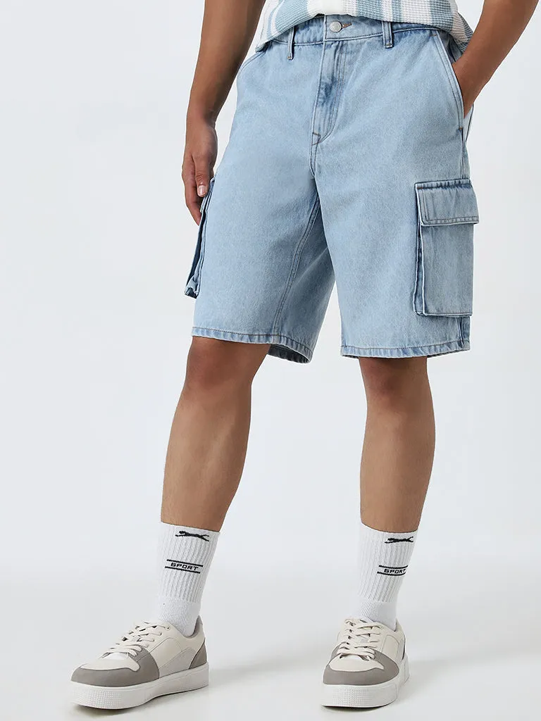 Nuon Light Blue Cargo-Style Mid-Rise Relaxed-Fit Shorts