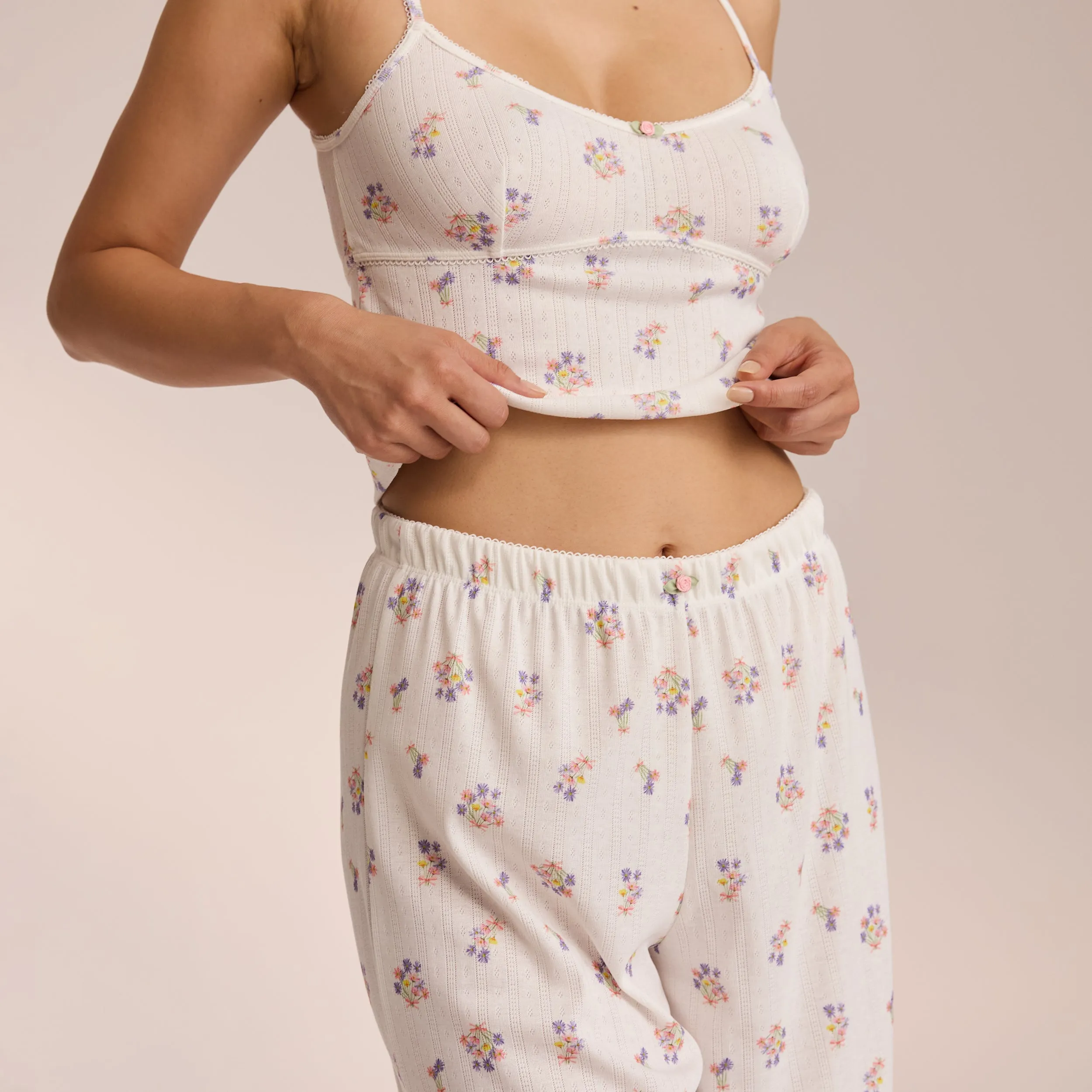 Pointelle Pyjama Bottoms - White Floral