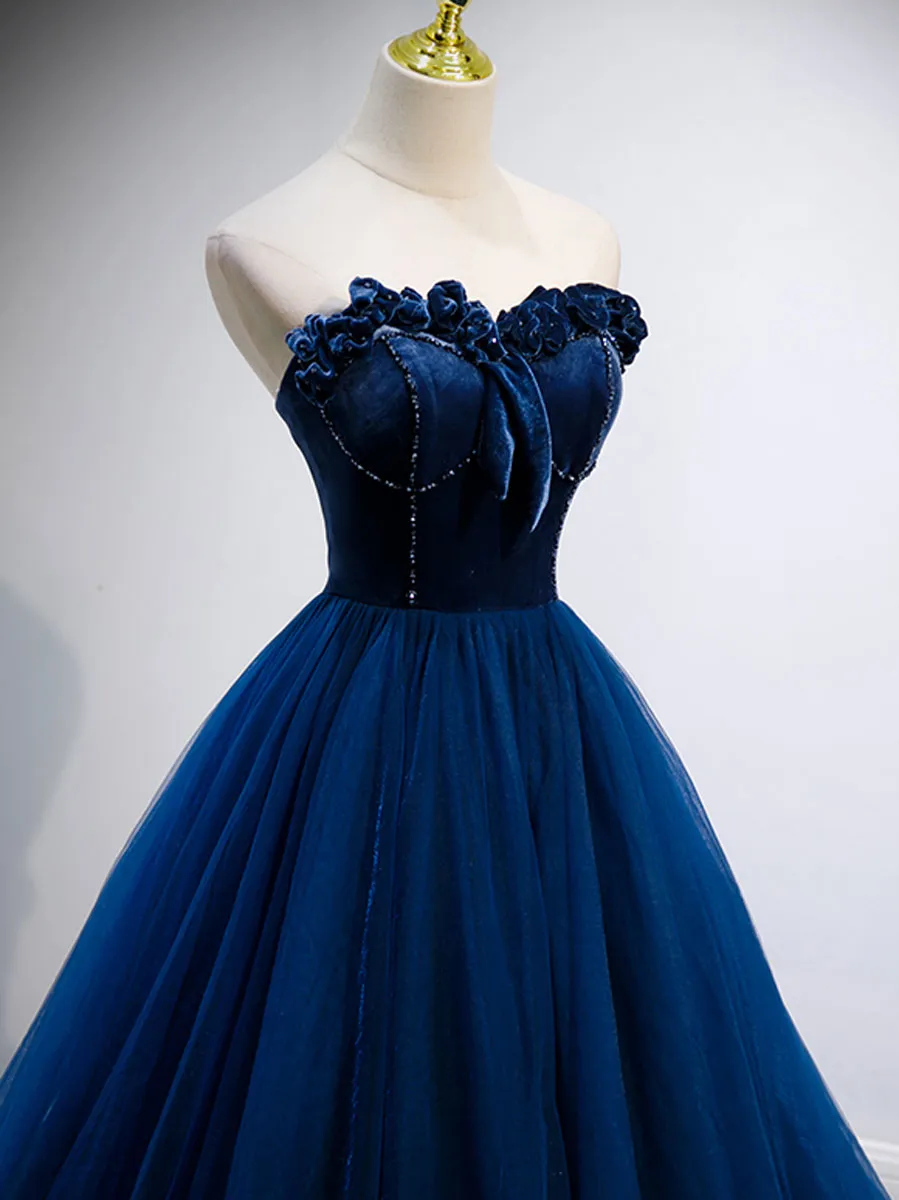 Simple A Line Blue Tulle Long Prom Dress Blue Tulle Formal Dress