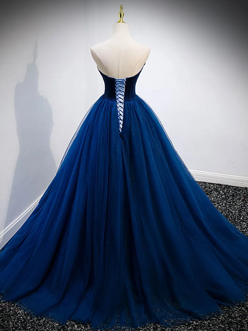 Simple A Line Blue Tulle Long Prom Dress Blue Tulle Formal Dress