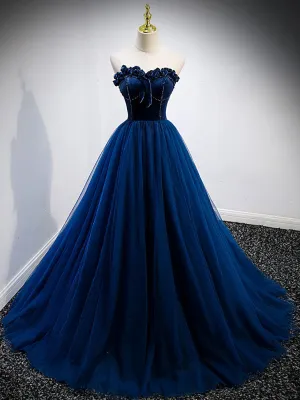 Simple A Line Blue Tulle Long Prom Dress Blue Tulle Formal Dress