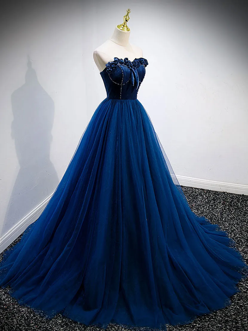 Simple A Line Blue Tulle Long Prom Dress Blue Tulle Formal Dress