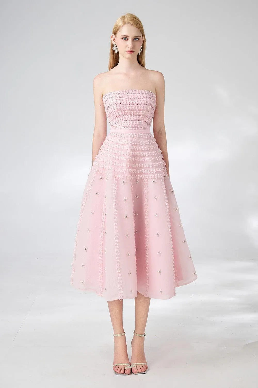 Terry Strapless Stone Organza Midi Dress