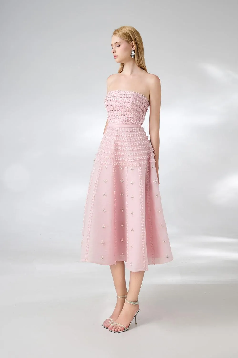 Terry Strapless Stone Organza Midi Dress