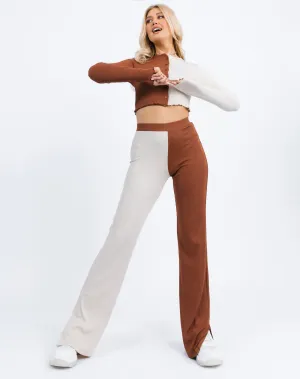 Two Tone Rib Stretch Wide leg Trousers in Cream and Brown | Lana