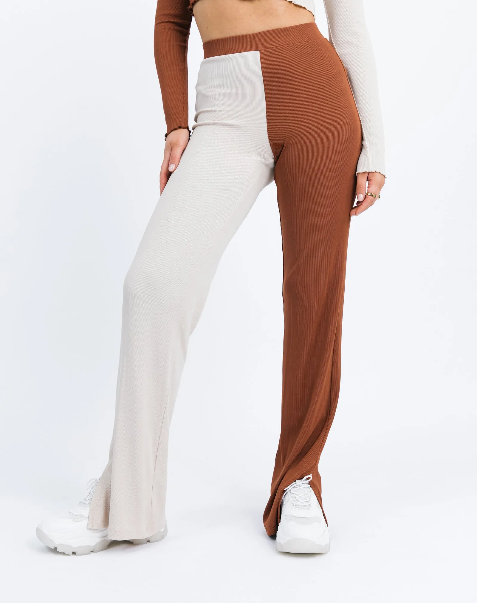 Two Tone Rib Stretch Wide leg Trousers in Cream and Brown | Lana