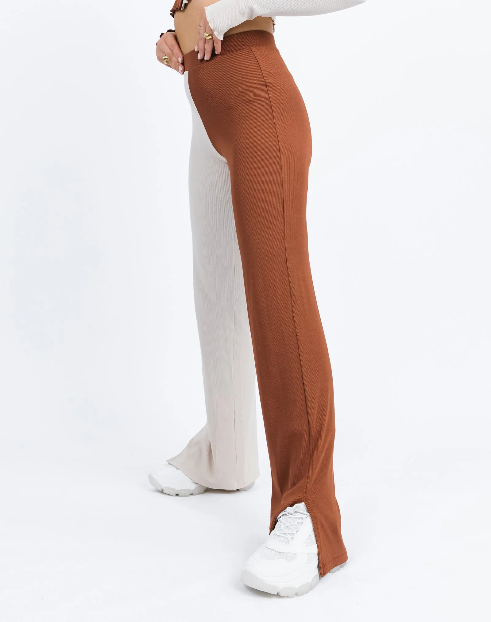 Two Tone Rib Stretch Wide leg Trousers in Cream and Brown | Lana