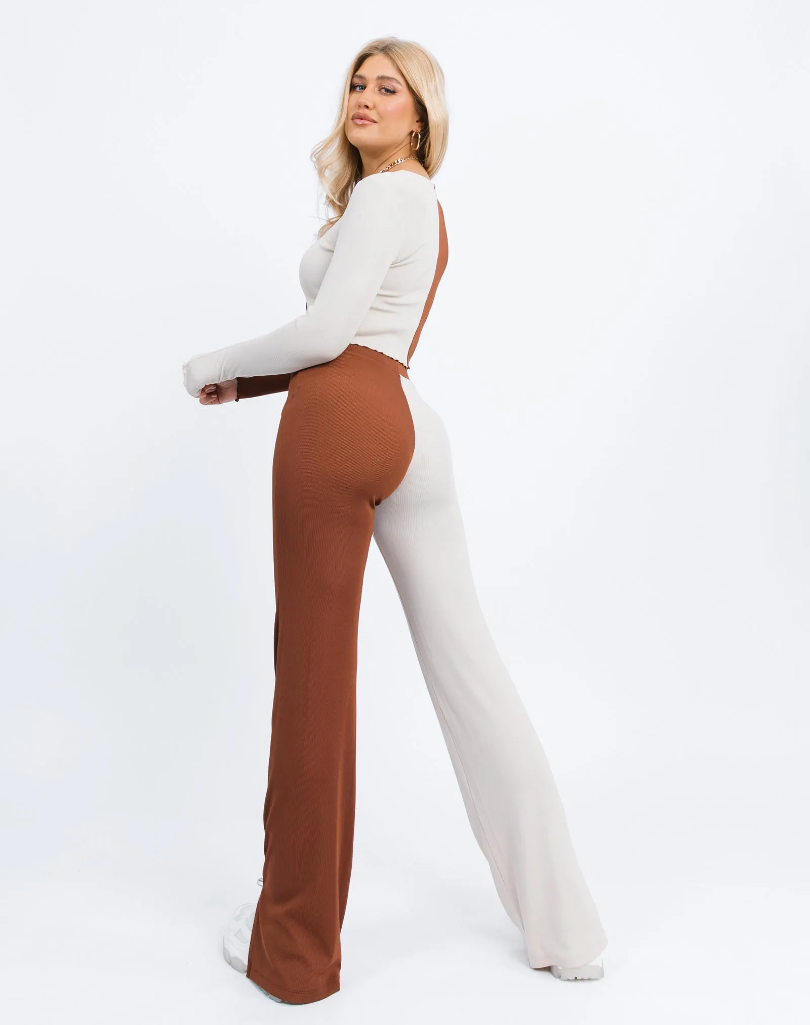 Two Tone Rib Stretch Wide leg Trousers in Cream and Brown | Lana